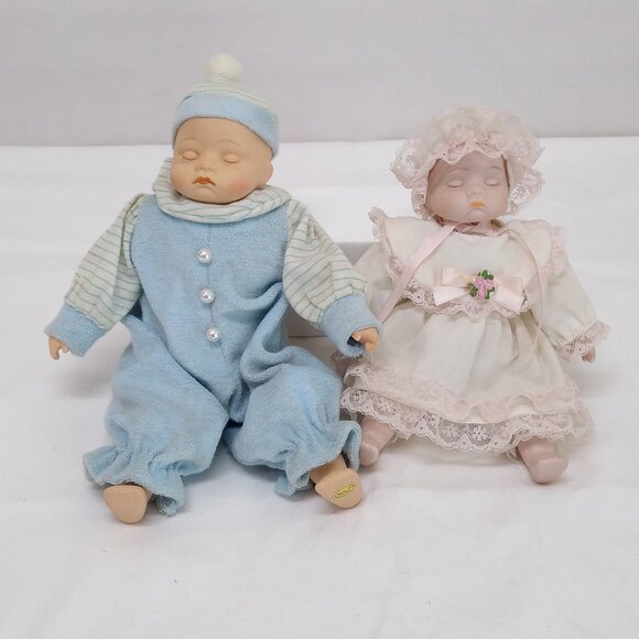 Porcelain Sleeping Baby Dolls Removable Outfits Hats Marked Trademarks Vintage - Picture 1 of 15